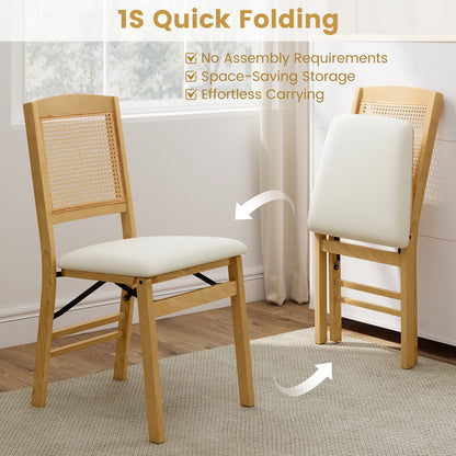 Folding Dining Chairs Set of 2 Rubber Wood Chairs with Linen Padded Seat-Natural
