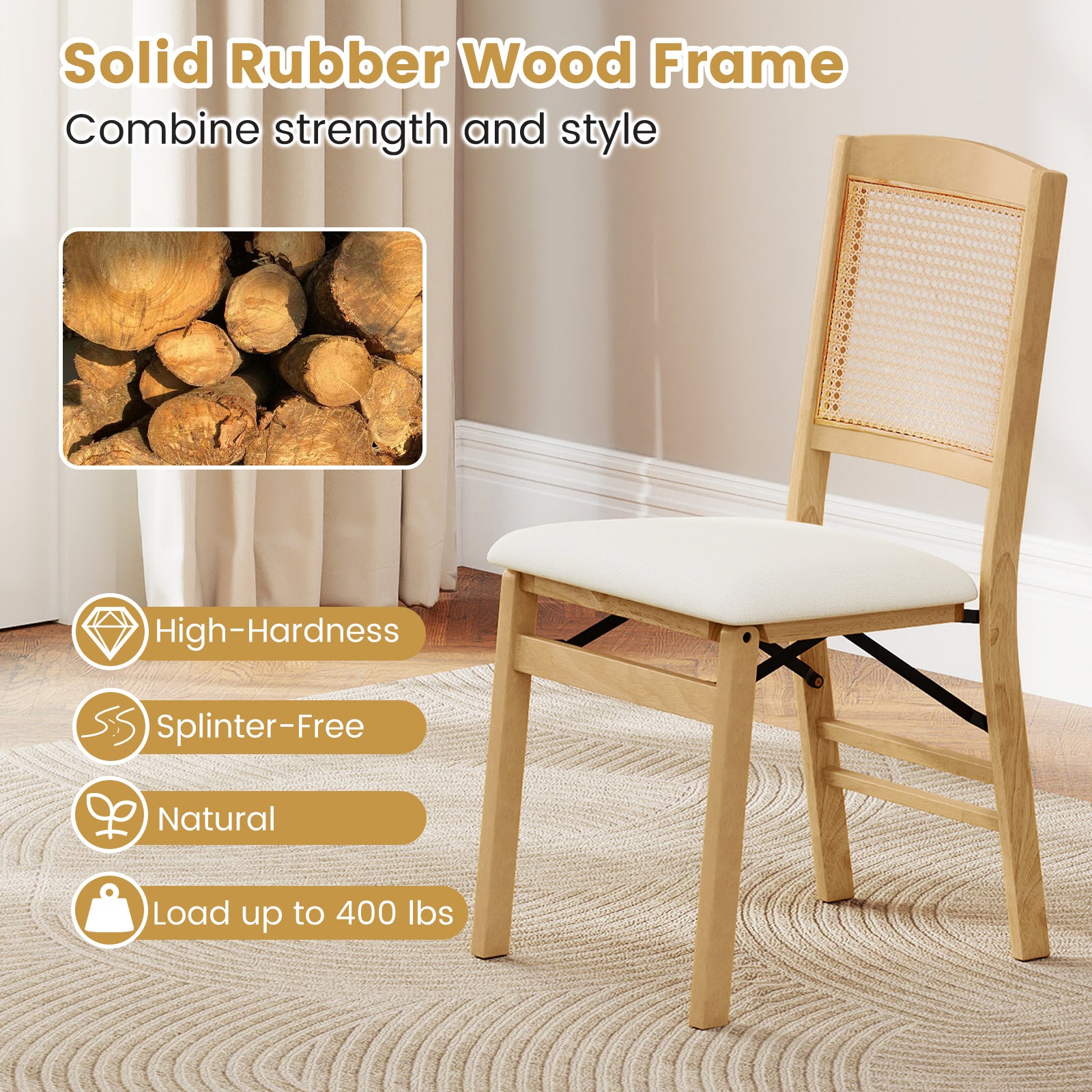 Folding Dining Chairs Set of 2 Rubber Wood Chairs with Linen Padded Seat-Natural