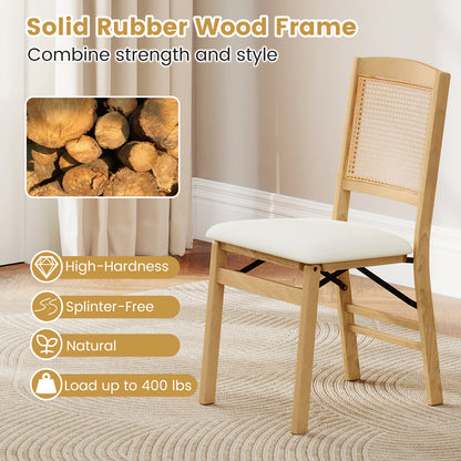 Folding Dining Chairs Set of 2 Rubber Wood Chairs with Linen Padded Seat-Natural