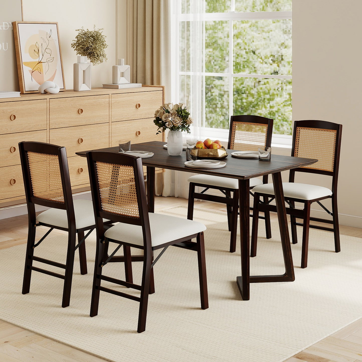 Folding Dining Chairs Set of 2 Rubber Wood Chairs with Linen Padded Seat-Coffee