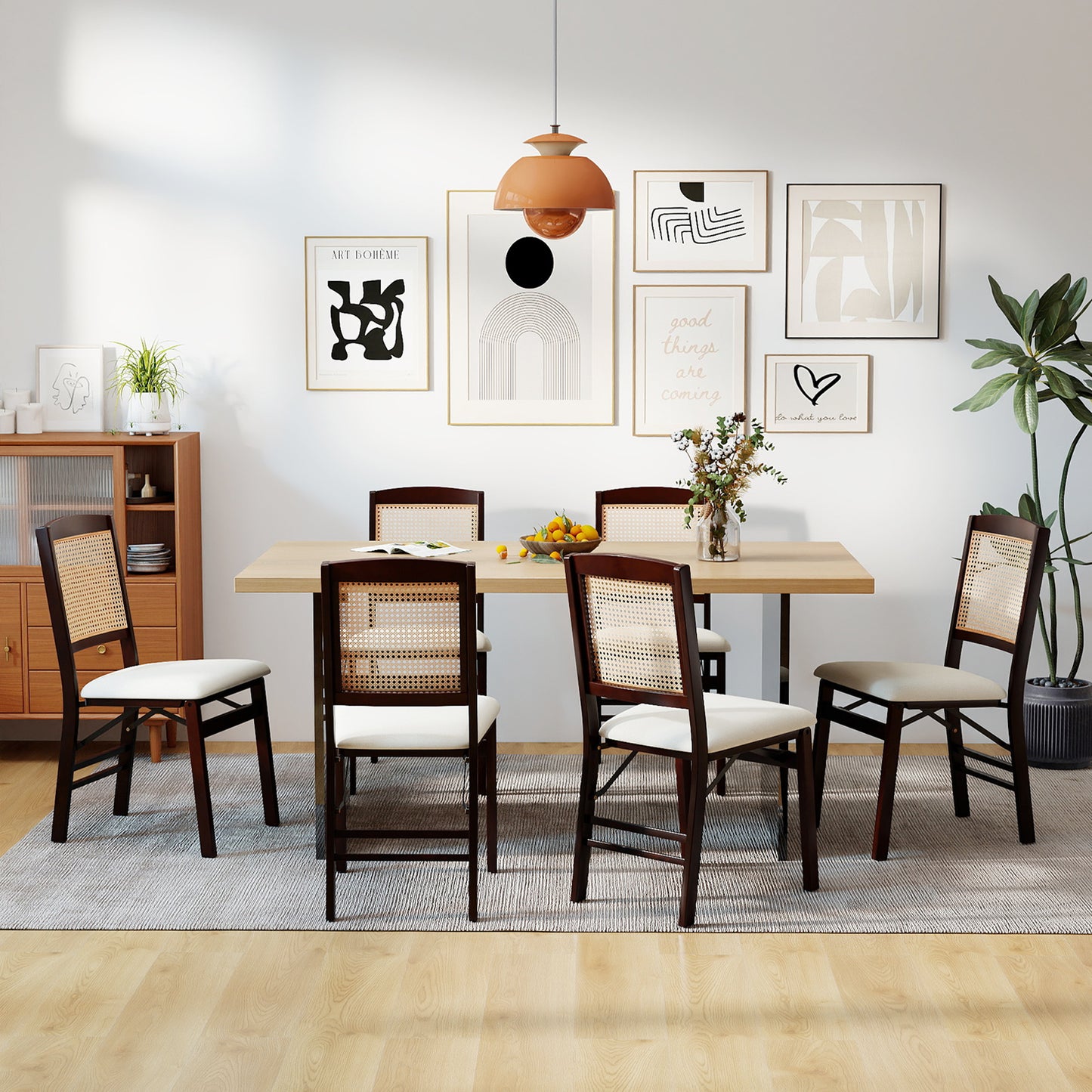 Folding Dining Chairs Set of 2 Rubber Wood Chairs with Linen Padded Seat-Coffee