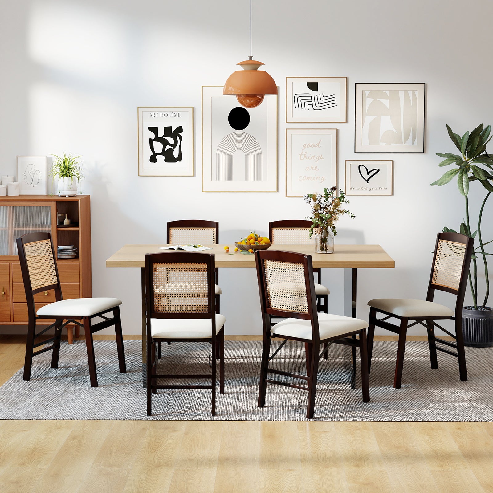 Folding Dining Chairs Set of 2 Rubber Wood Chairs with Linen Padded Seat-Coffee