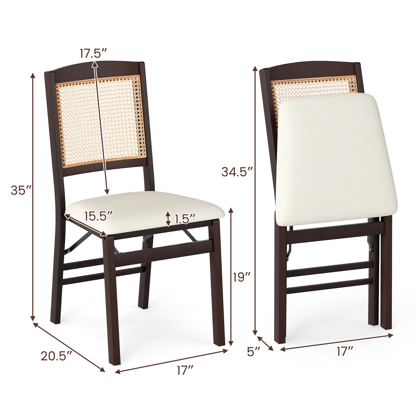 Folding Dining Chairs Set of 2 Rubber Wood Chairs with Linen Padded Seat-Coffee