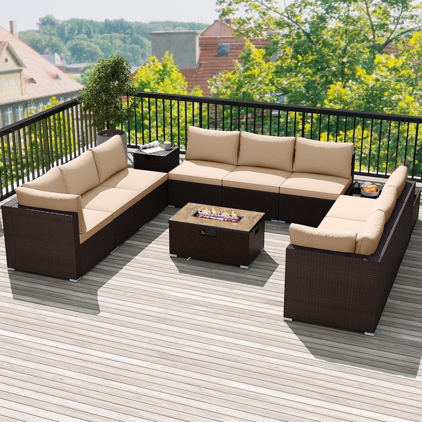 Outdoor PE Rattan Conversation Set with 32‚Äù Propane Fire Pit Table and Tank Holder-Beige