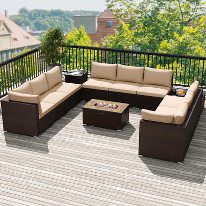 Outdoor PE Rattan Conversation Set with 32‚Äù Propane Fire Pit Table and Tank Holder-Beige