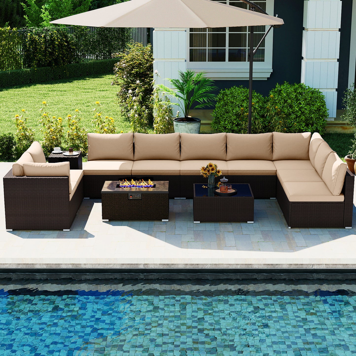 Outdoor PE Rattan Conversation Set with 32‚Äù Propane Fire Pit Table and Tank Holder-Beige