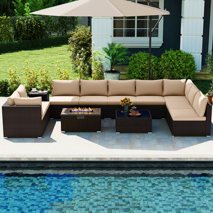 Outdoor PE Rattan Conversation Set with 32‚Äù Propane Fire Pit Table and Tank Holder-Beige