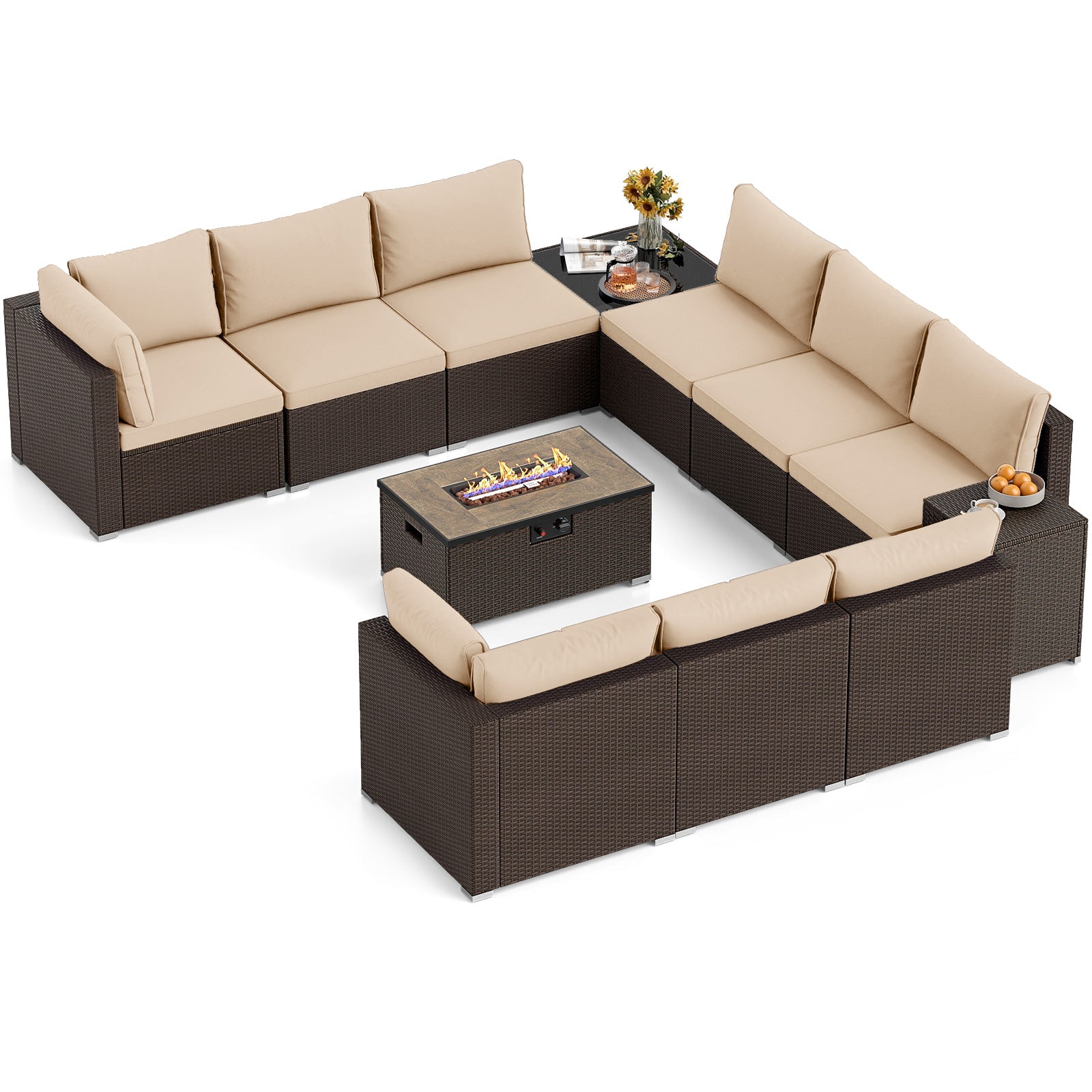 Outdoor PE Rattan Conversation Set with 32‚Äù Propane Fire Pit Table and Tank Holder-Beige