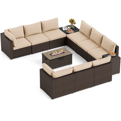 Outdoor PE Rattan Conversation Set with 32‚Äù Propane Fire Pit Table and Tank Holder-Beige