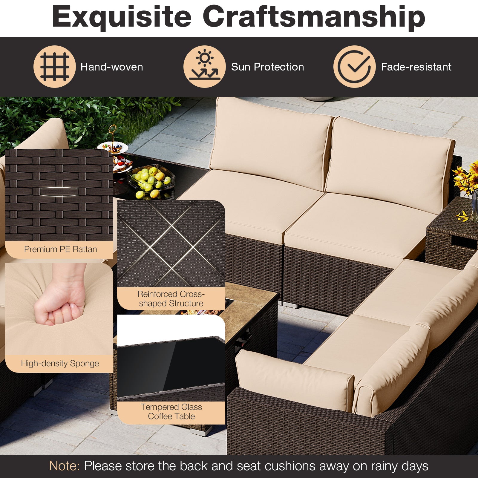 Outdoor PE Rattan Conversation Set with 32‚Äù Propane Fire Pit Table and Tank Holder-Beige