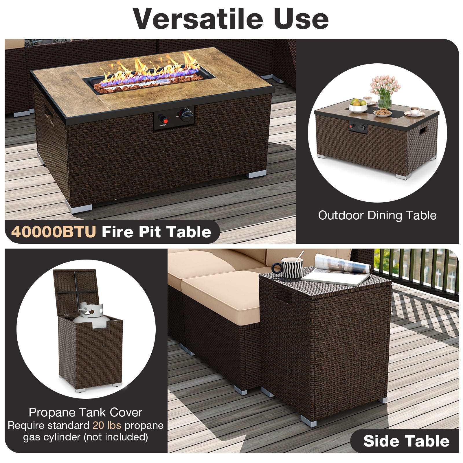 Outdoor PE Rattan Conversation Set with 32‚Äù Propane Fire Pit Table and Tank Holder-Beige