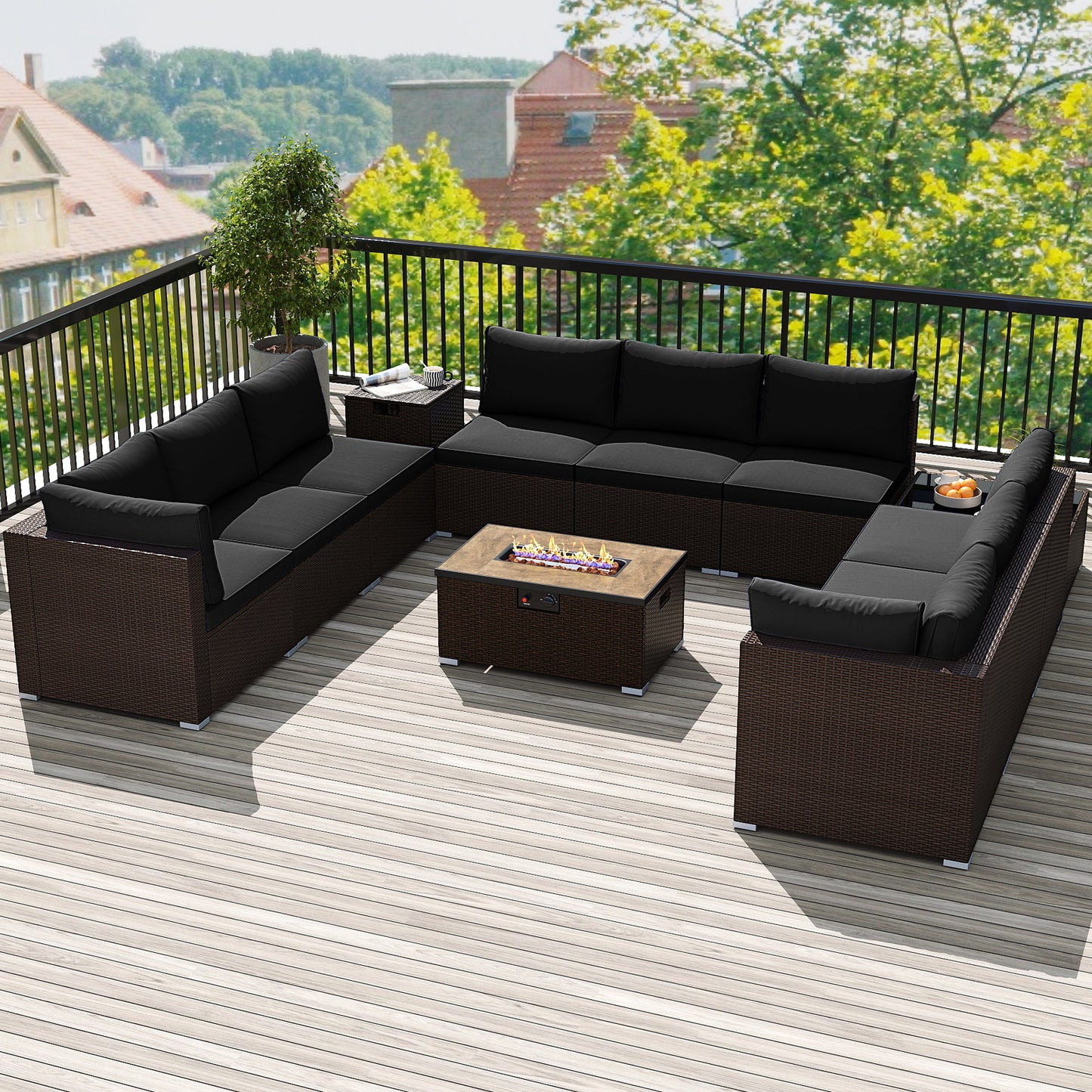Outdoor PE Rattan Conversation Set with 32‚Äù Propane Fire Pit Table and Tank Holder-Black