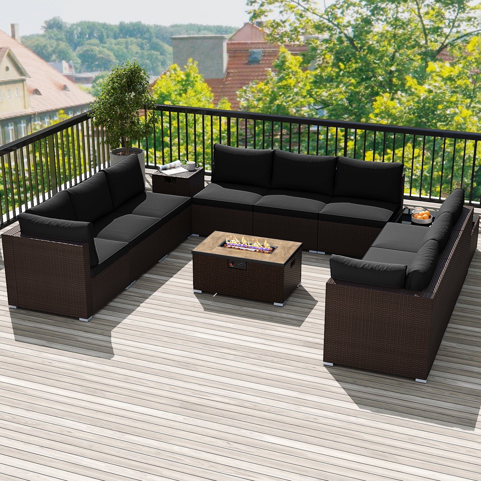Outdoor PE Rattan Conversation Set with 32‚Äù Propane Fire Pit Table and Tank Holder-Black