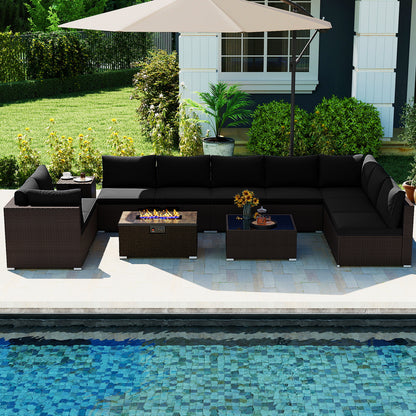 Outdoor PE Rattan Conversation Set with 32‚Äù Propane Fire Pit Table and Tank Holder-Black
