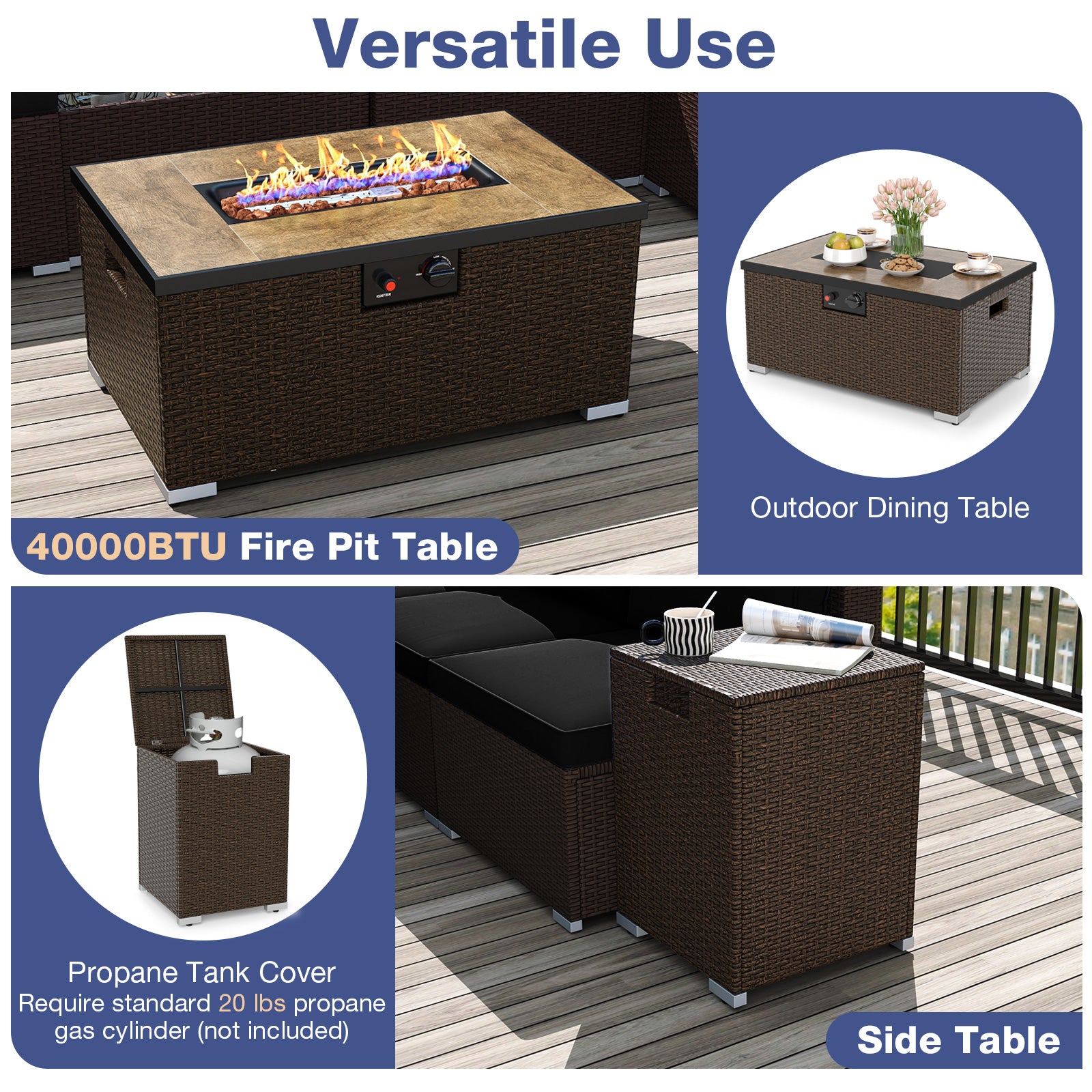 Outdoor PE Rattan Conversation Set with 32‚Äù Propane Fire Pit Table and Tank Holder-Black