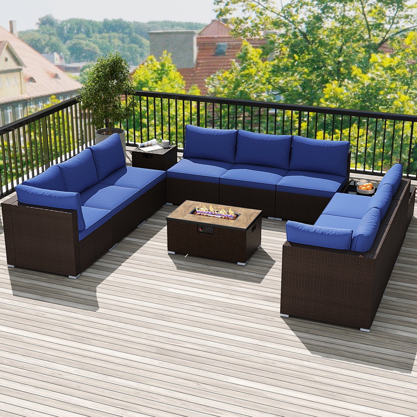 Outdoor PE Rattan Conversation Set with 32‚Äù Propane Fire Pit Table and Tank Holder-Navy