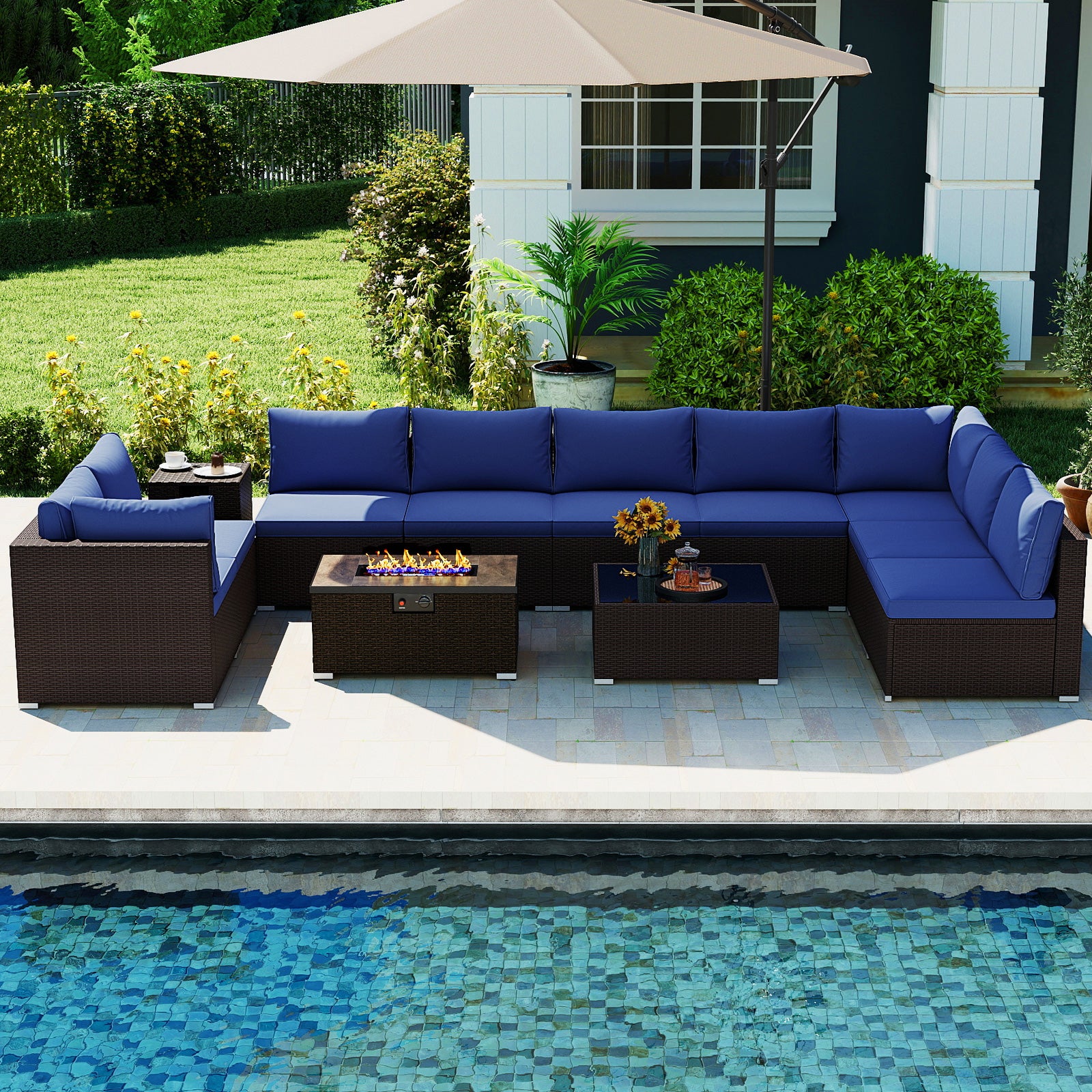 Outdoor PE Rattan Conversation Set with 32‚Äù Propane Fire Pit Table and Tank Holder-Navy