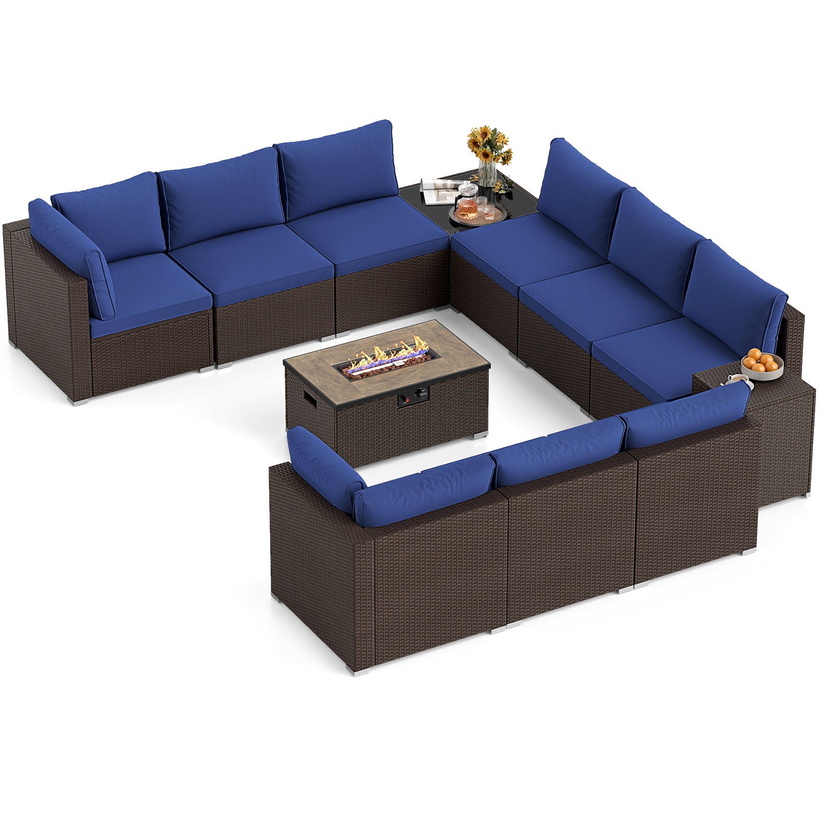 Outdoor PE Rattan Conversation Set with 32‚Äù Propane Fire Pit Table and Tank Holder-Navy