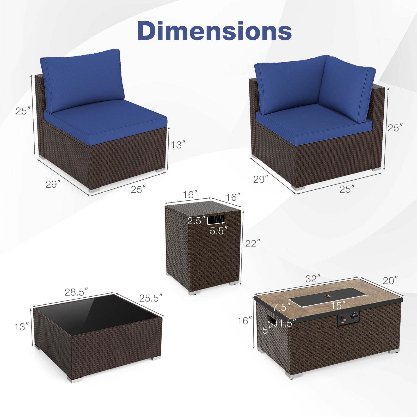 Outdoor PE Rattan Conversation Set with 32‚Äù Propane Fire Pit Table and Tank Holder-Navy