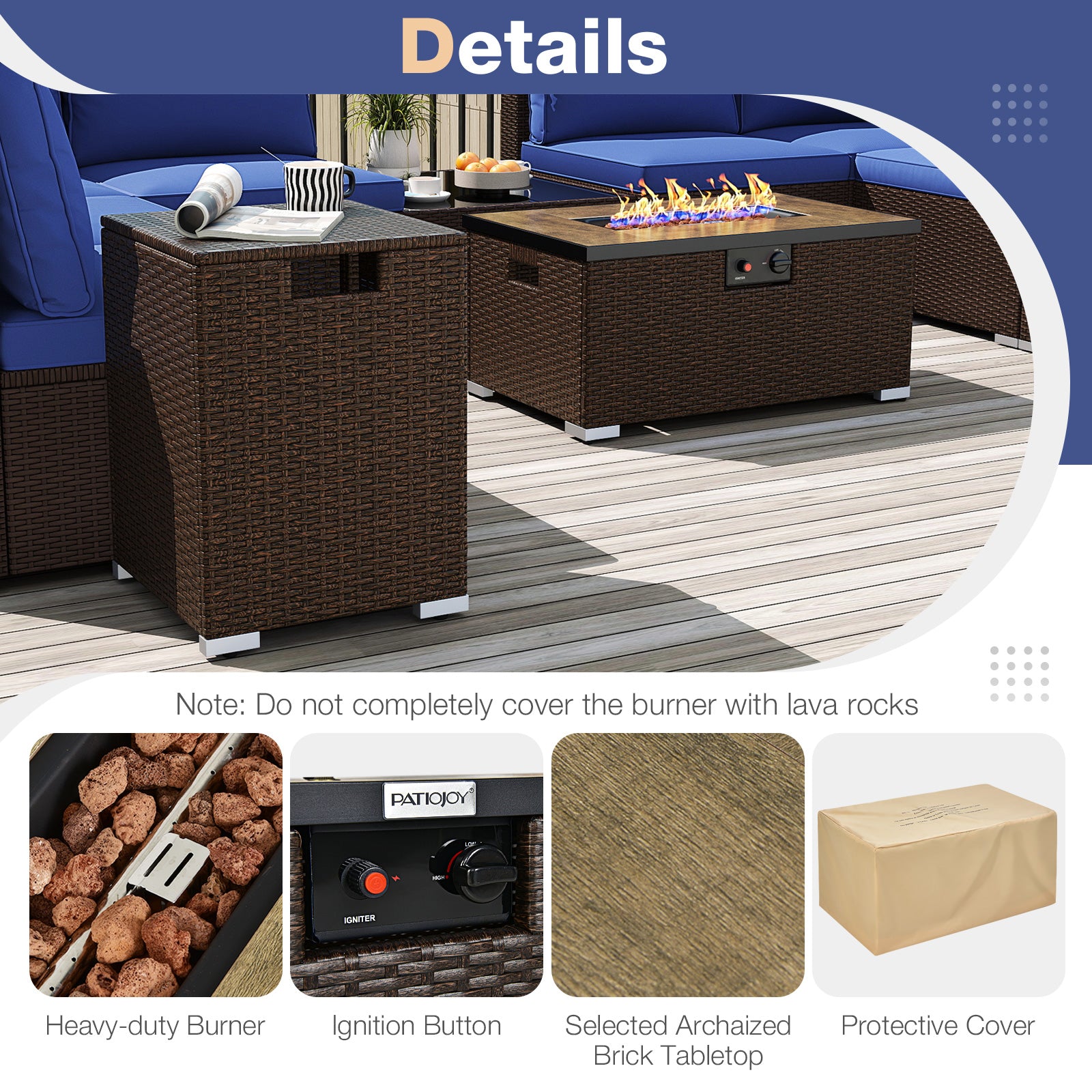 Outdoor PE Rattan Conversation Set with 32‚Äù Propane Fire Pit Table and Tank Holder-Navy