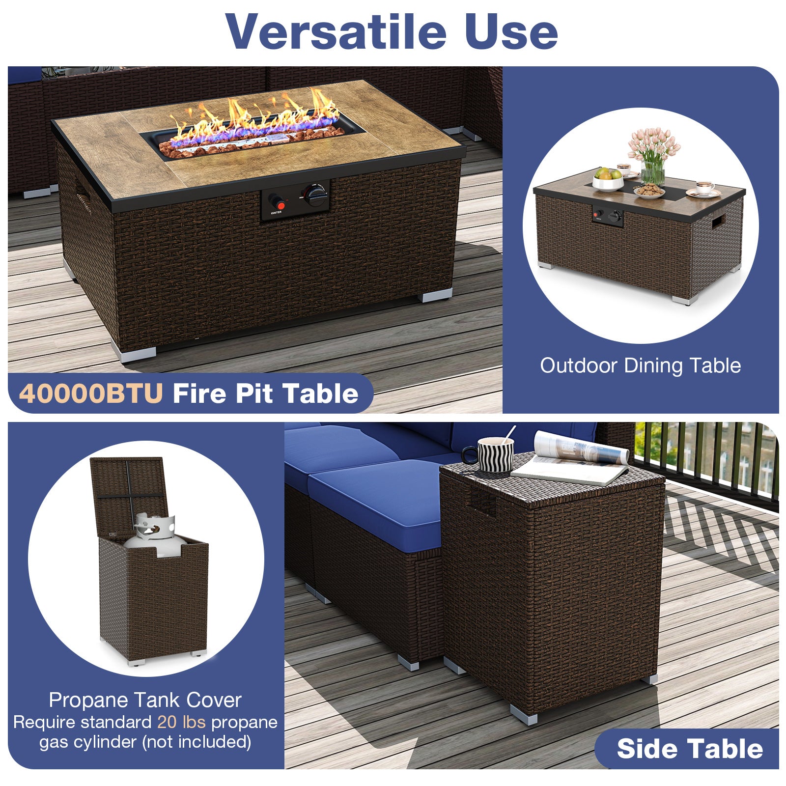 Outdoor PE Rattan Conversation Set with 32‚Äù Propane Fire Pit Table and Tank Holder-Navy