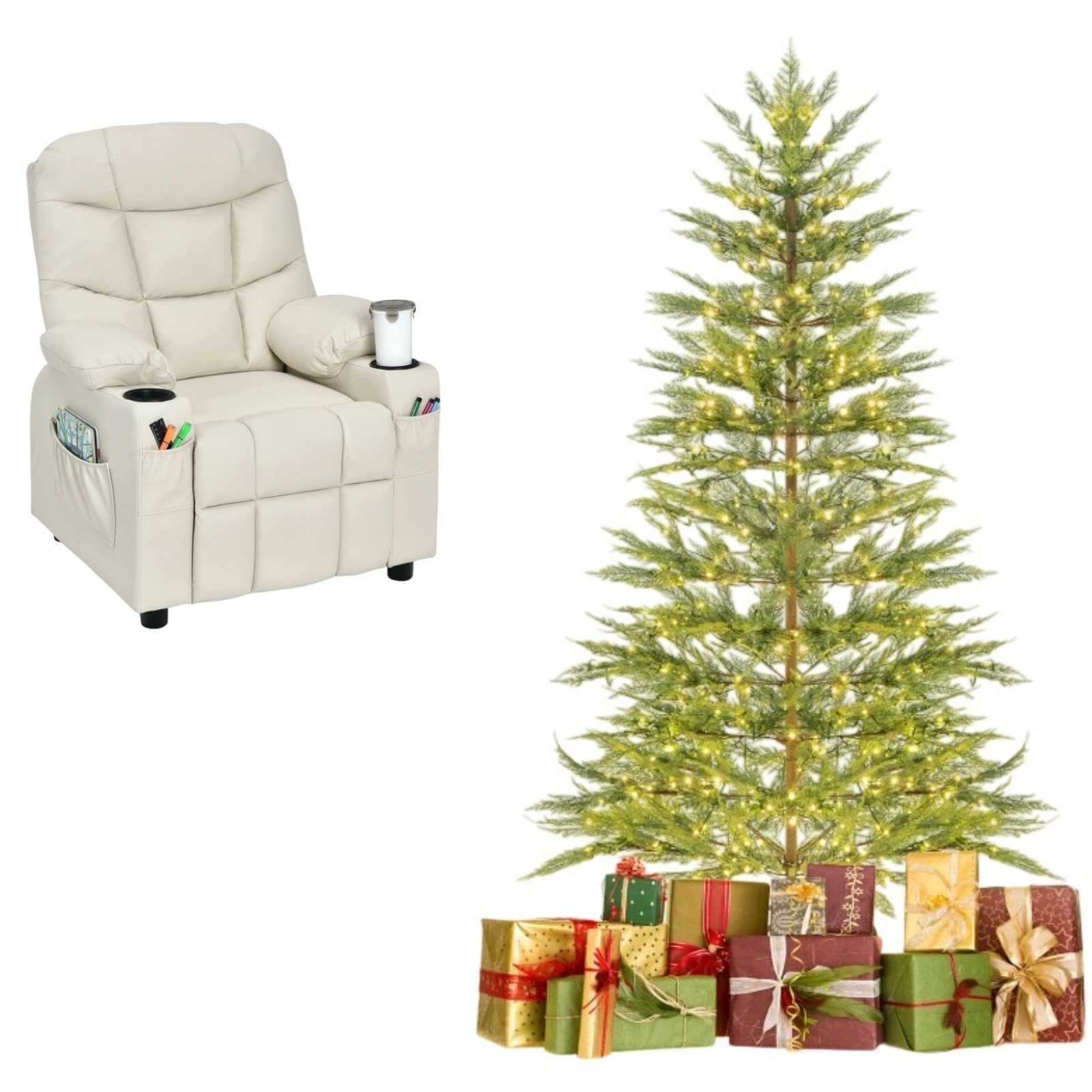 6.5FT Pre-Lit Christmas Tree & Beige Kids Recliner Chair Set Cozy Holiday Bundle