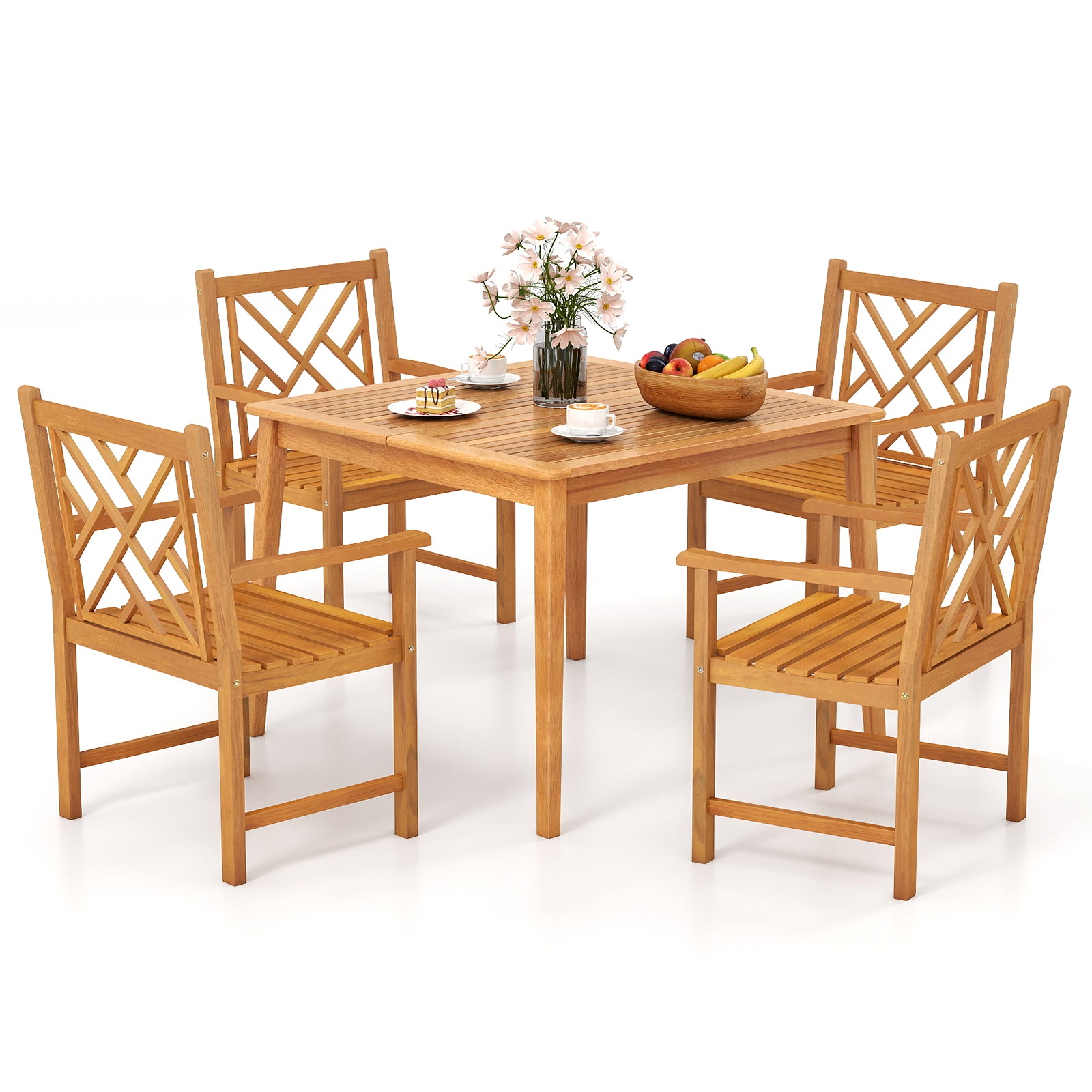 5-Pieces Patio Dining Table Set Wood Square Dining Table with 4 Chairs and Slatted Tabletop