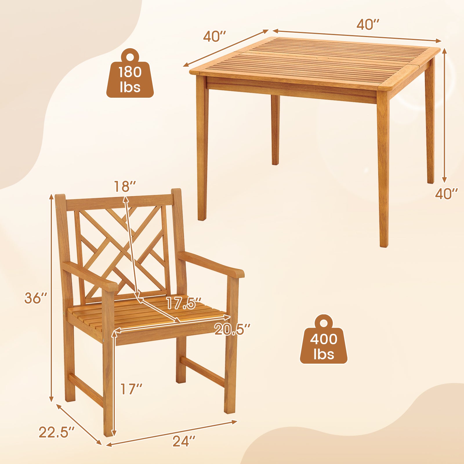 5-Pieces Patio Dining Table Set Wood Square Dining Table with 4 Chairs and Slatted Tabletop