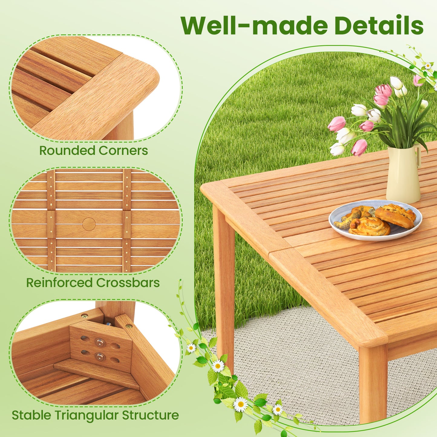 5-Pieces Patio Dining Table Set Wood Square Dining Table with 4 Chairs and Slatted Tabletop