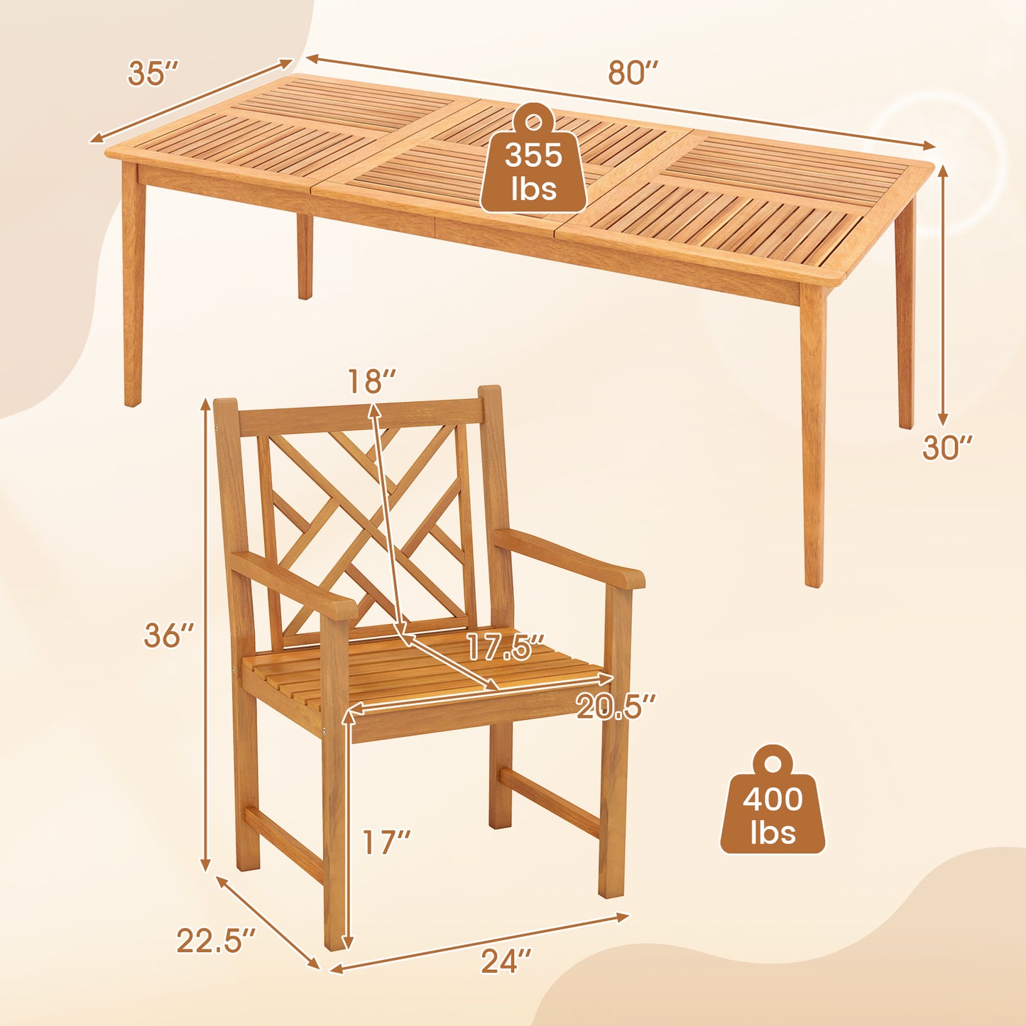 9-Pieces Patio Dining Table Set Wood Rectangular Dining Table with 8 Chairs and Slatted Tabletop
