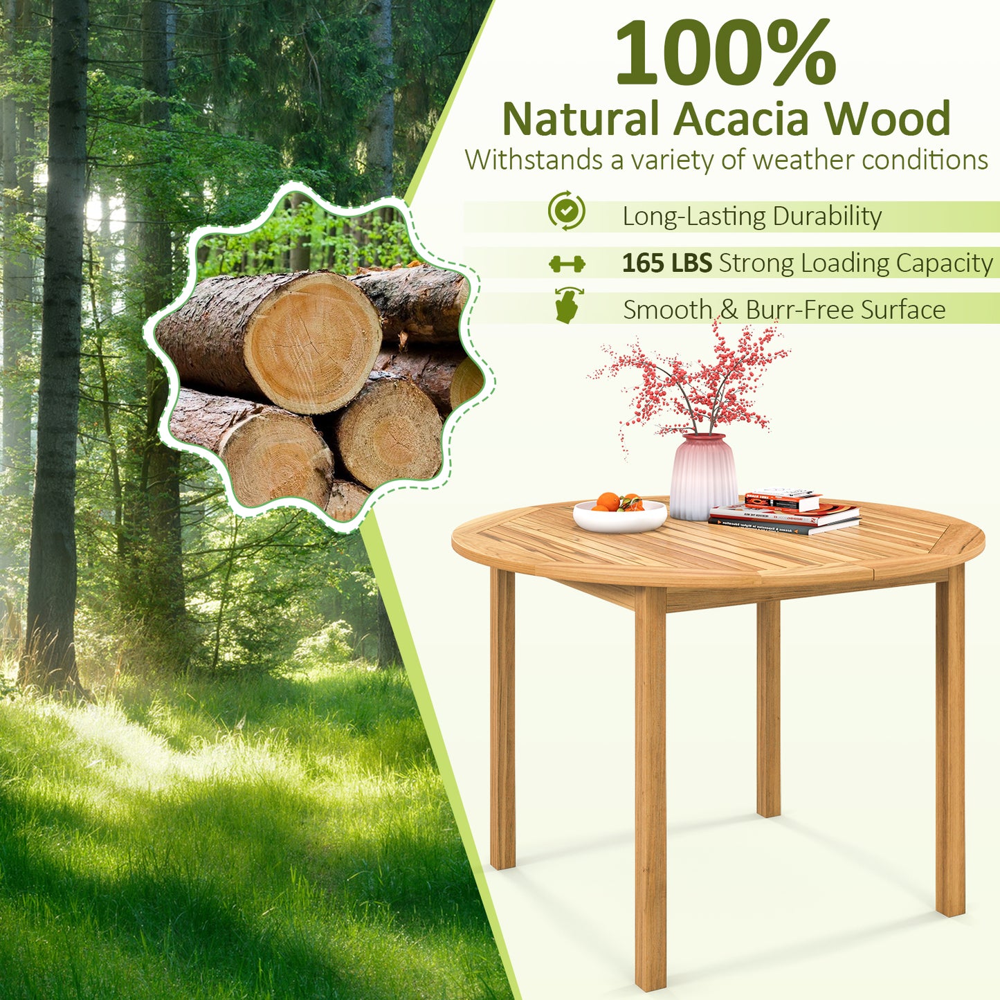 5 Pieces Outdoor Acacia Wood Dining Set Patio Round Table and Metal Chairs with Cushions