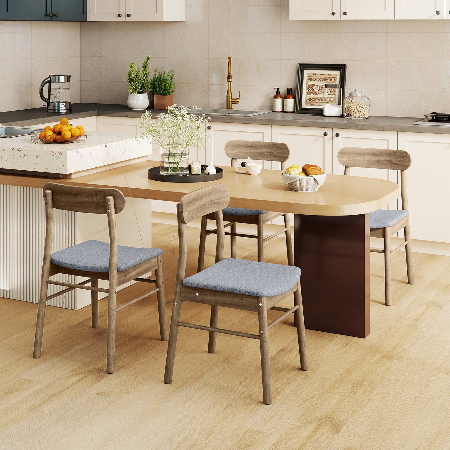 Fabric Upholstered Kitchen Armless Dining Chairs with Rubber Wood Frame Set of 2-Oak