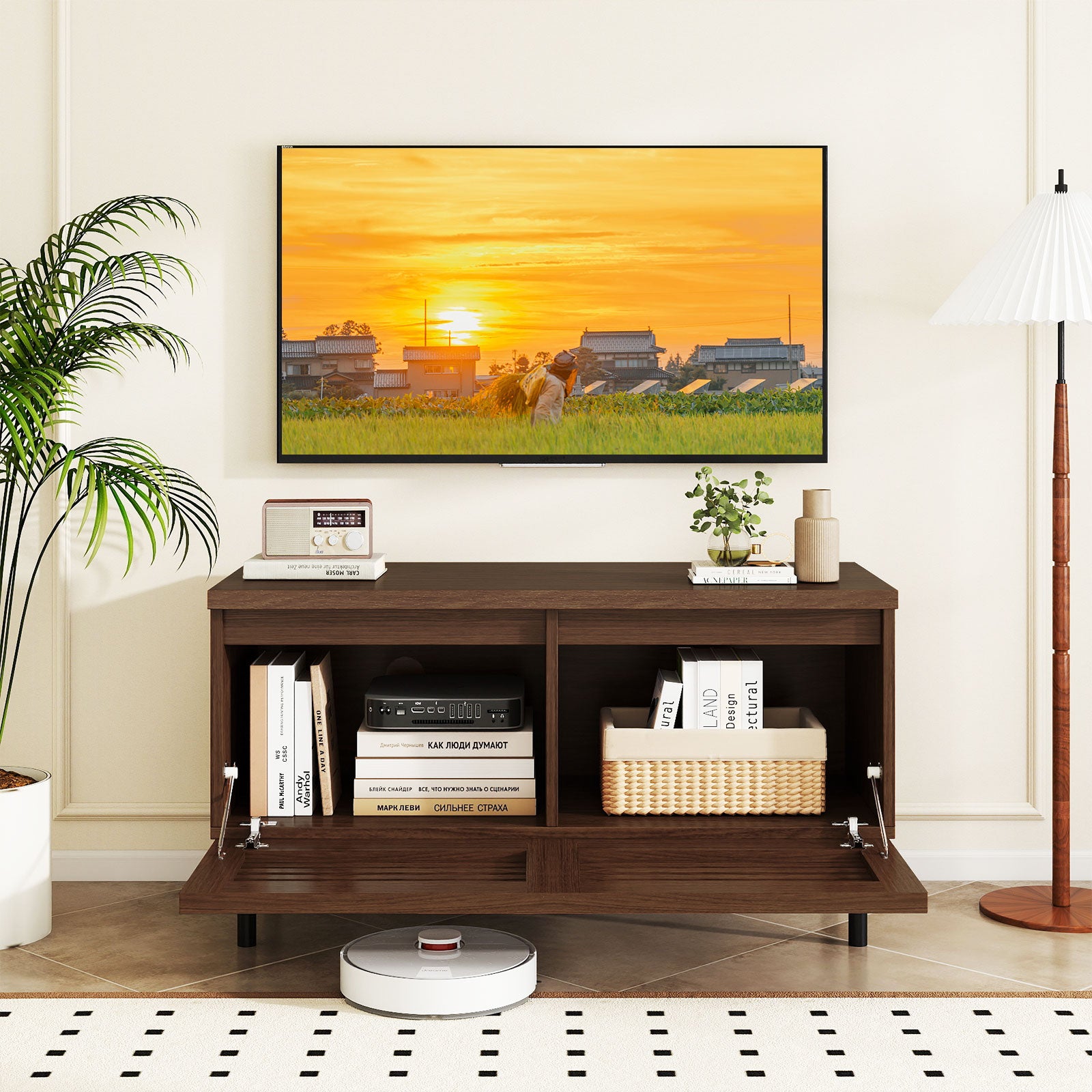 Mid Century Fluted TV Stand for 40" TV with 2 Hidden Compartments and Metal Legs-Walnut