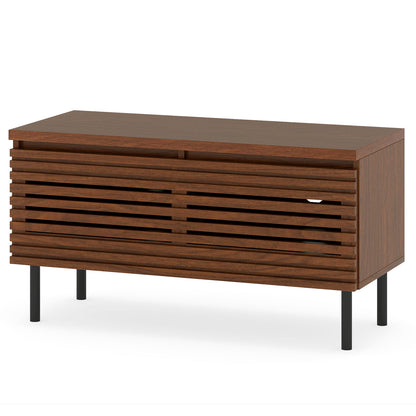 Mid Century Fluted TV Stand for 40" TV with 2 Hidden Compartments and Metal Legs-Walnut