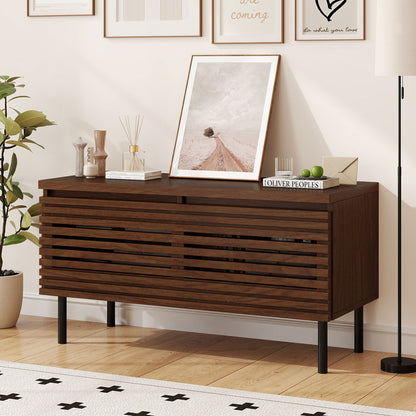 Mid Century Fluted TV Stand for 40" TV with 2 Hidden Compartments and Metal Legs-Walnut