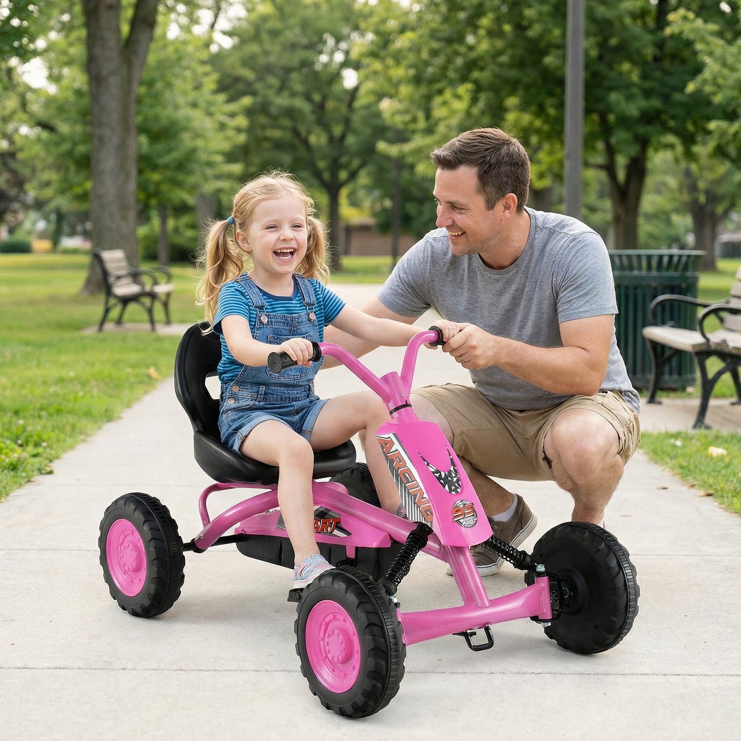 Go Kart for Kids 4 Wheel with Steering Handlebars and Adjustable Seat-Pink