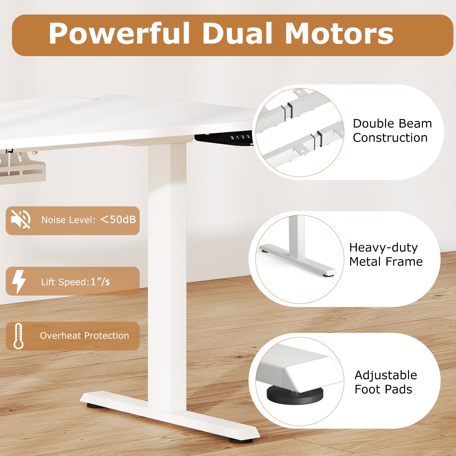 Electric Standing Desk Height Adjustable with 3 Memory Heights White-S