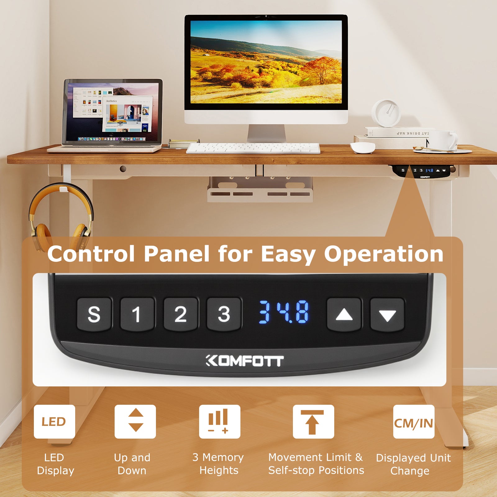 Electric Standing Desk Height Adjustable with 3 Memory Heights Walnut-S