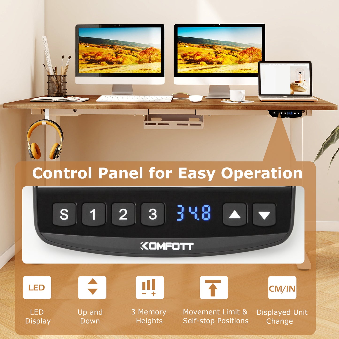 Electric Standing Desk Height Adjustable with 3 Memory Heights Walnut-L