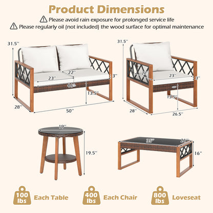 5 Pieces PE Wicker Patio Furniture Set with Acacia Wood Frame