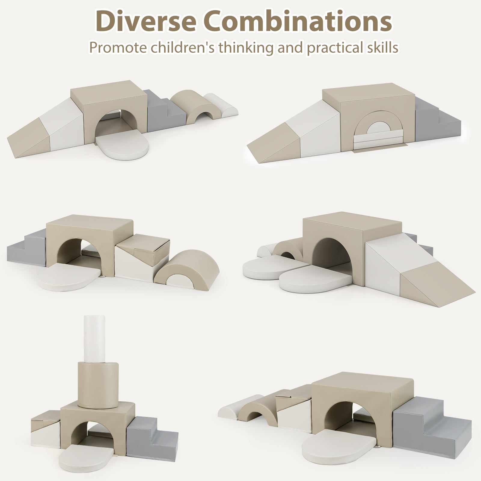7-Piece Soft Foam Toddler Climbing Blocks Set PU Leather for 1+ Year Old-Gray
