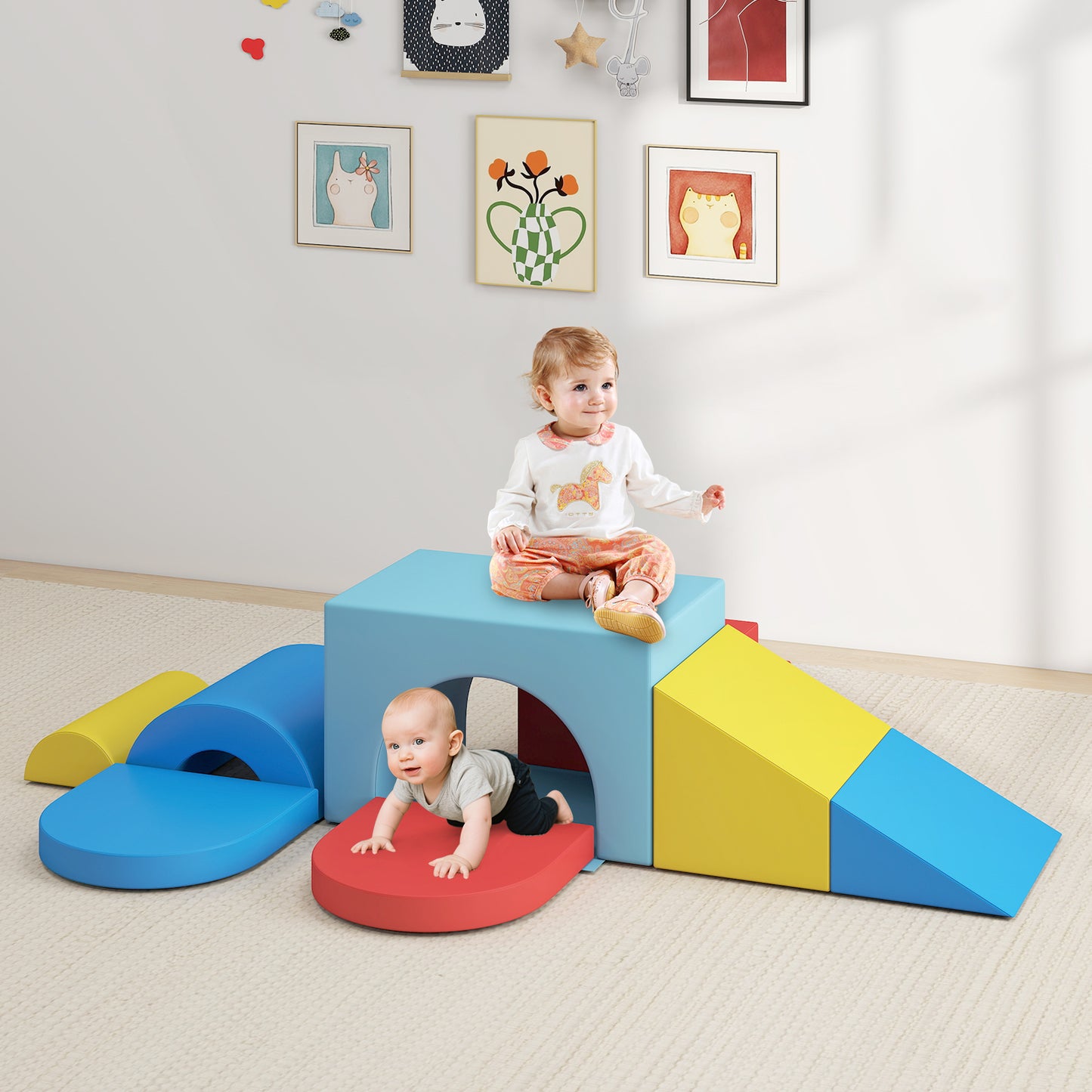 7-Piece Soft Foam Toddler Climbing Blocks Set PU Leather for 1+ Year Old-Blue