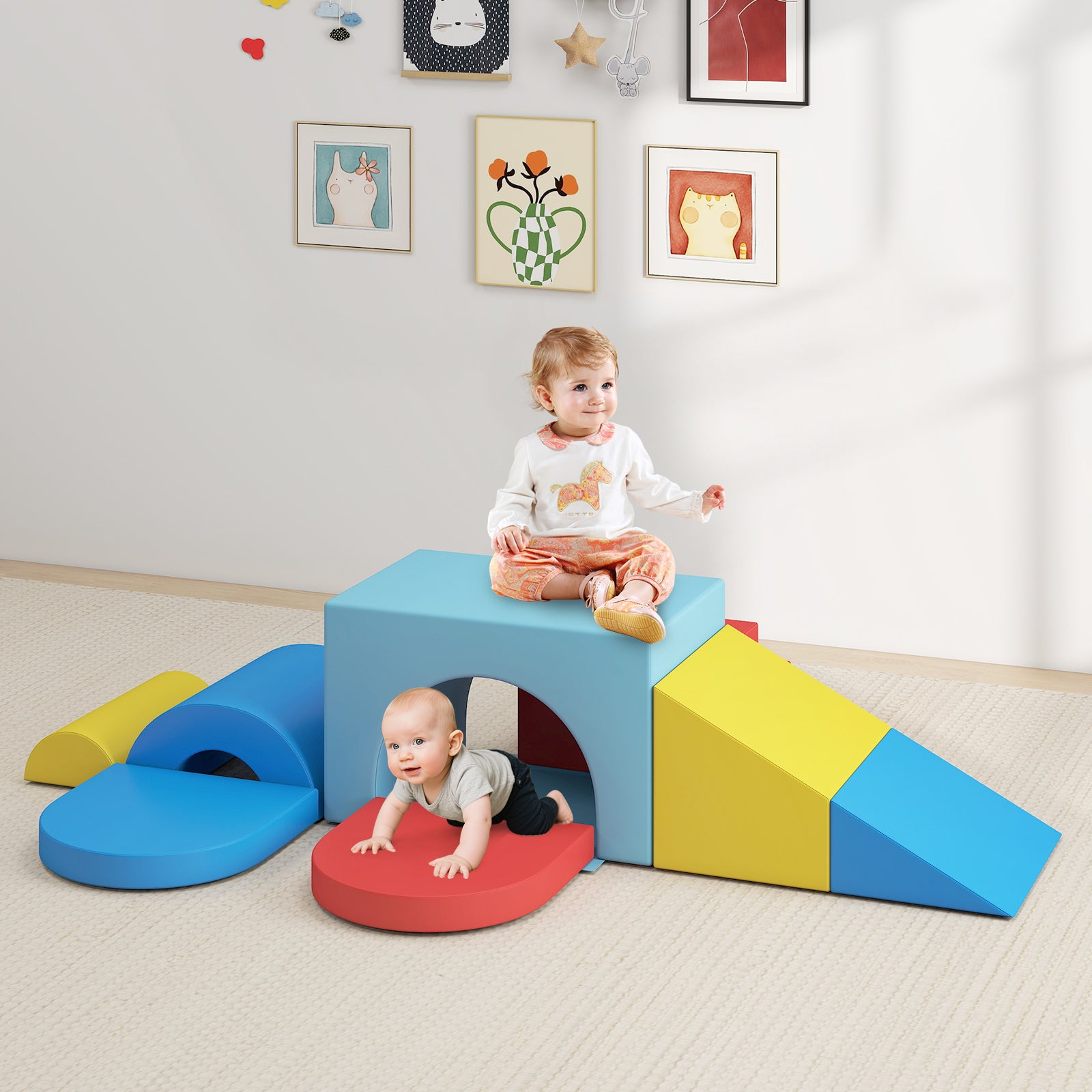 7-Piece Soft Foam Toddler Climbing Blocks Set PU Leather for 1+ Year Old-Blue