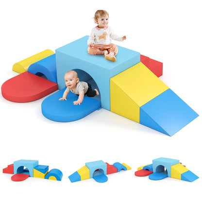7-Piece Soft Foam Toddler Climbing Blocks Set PU Leather for 1+ Year Old-Blue