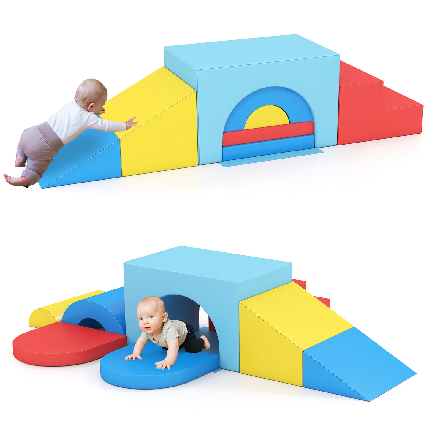 7-Piece Soft Foam Toddler Climbing Blocks Set PU Leather for 1+ Year Old-Blue