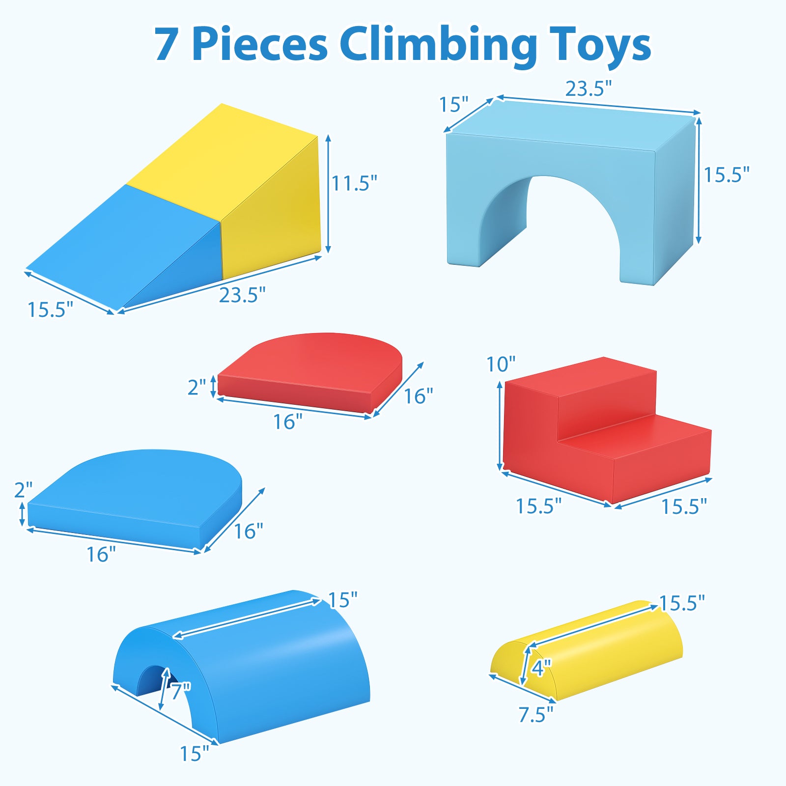 7-Piece Soft Foam Toddler Climbing Blocks Set PU Leather for 1+ Year Old-Blue