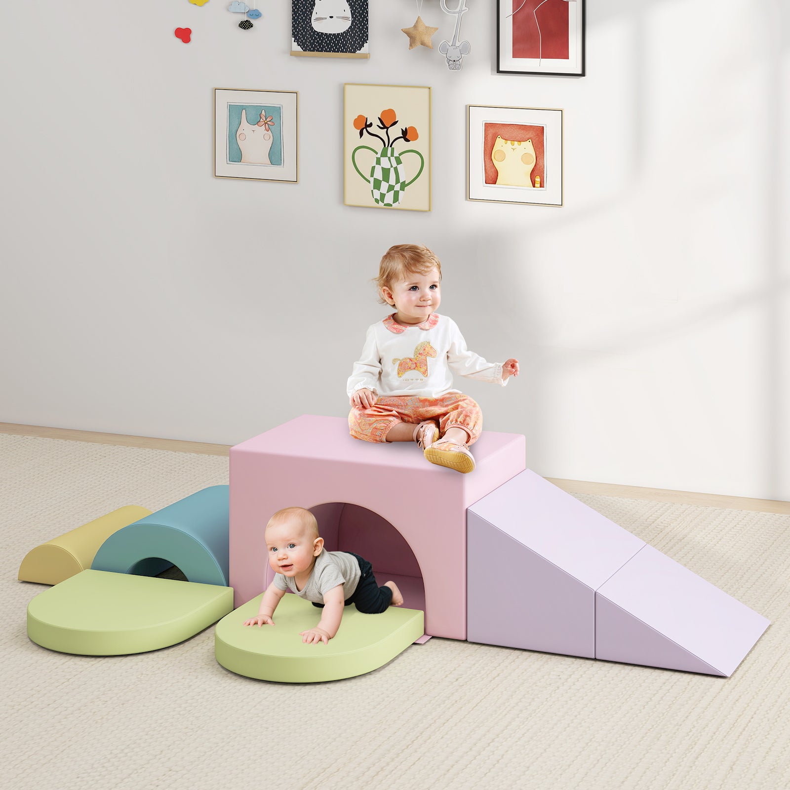7-Piece Soft Foam Toddler Climbing Blocks Set PU Leather for 1+ Year Old-Pink