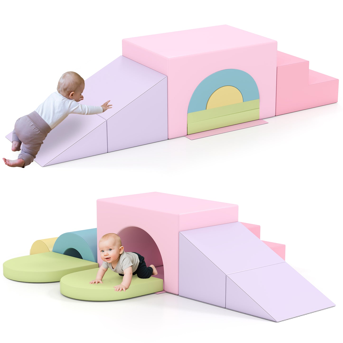 7-Piece Soft Foam Toddler Climbing Blocks Set PU Leather for 1+ Year Old-Pink