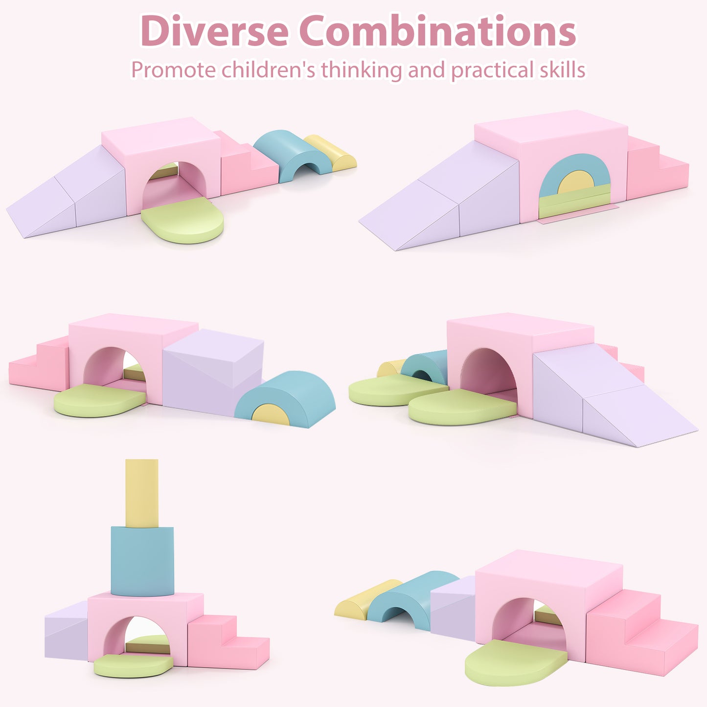 7-Piece Soft Foam Toddler Climbing Blocks Set PU Leather for 1+ Year Old-Pink