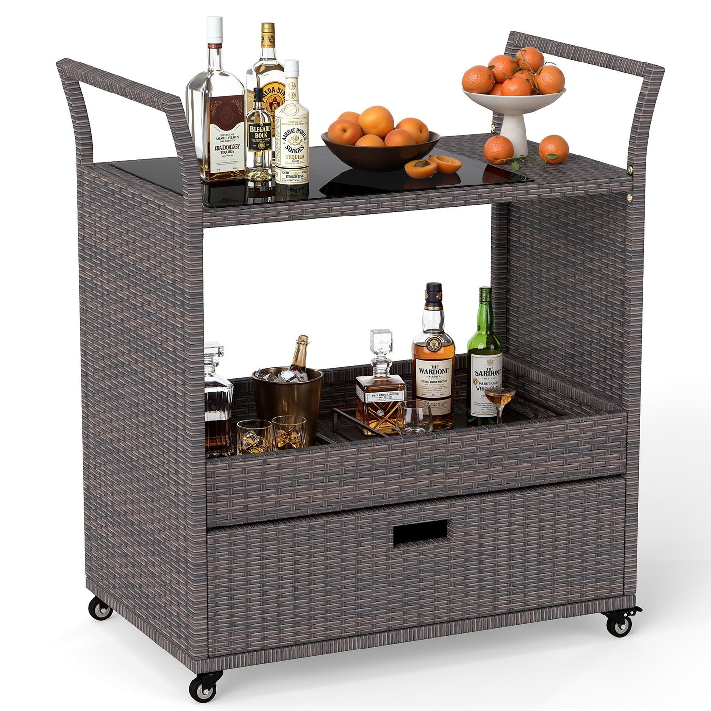 Outdoor Wicker Bar Cart Table with Tempered Glass Top